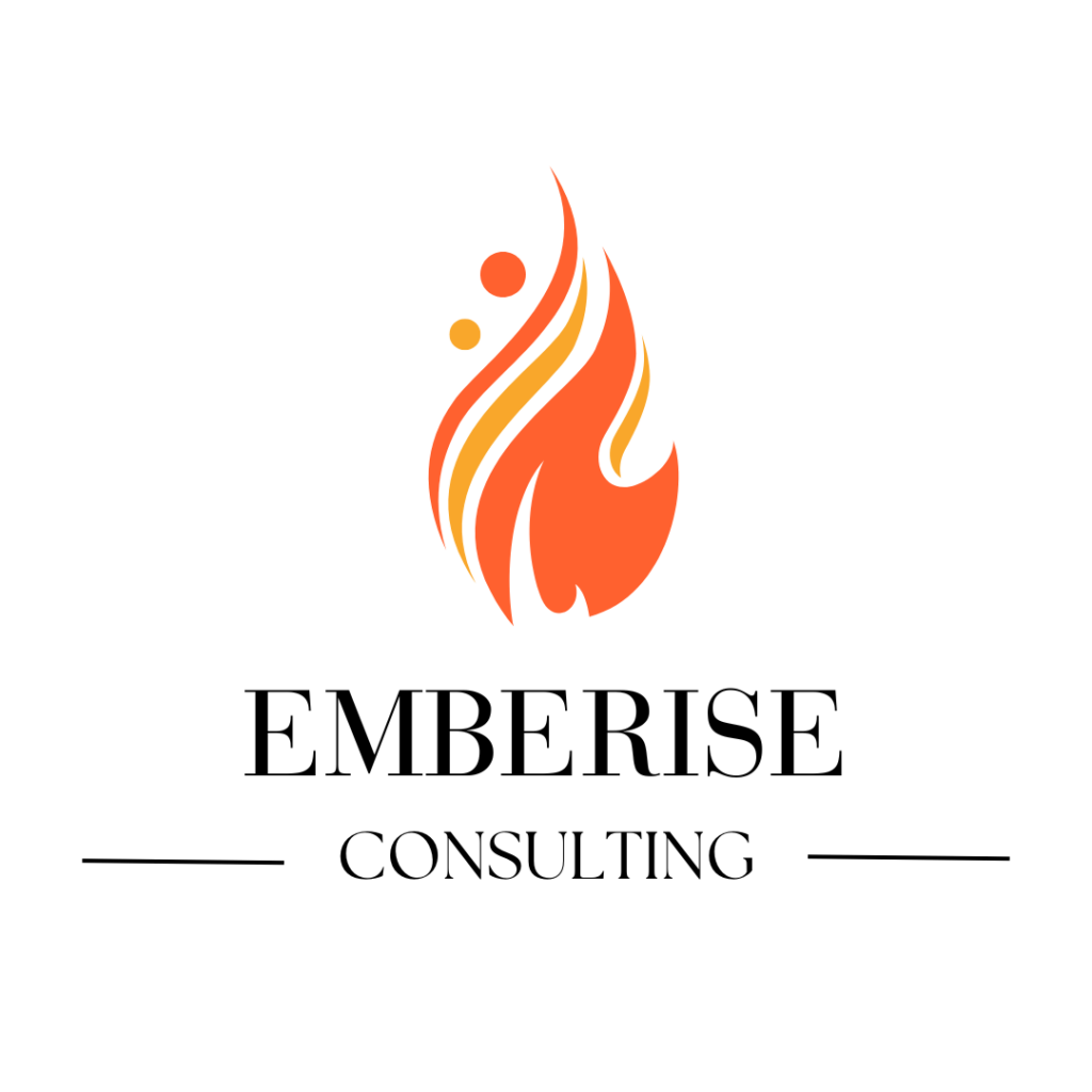 Emberise Consulting logo featuring an abstract orange flame with two dots, symbolizing energy and innovation, accompanied by the company name in an elegant serif font.